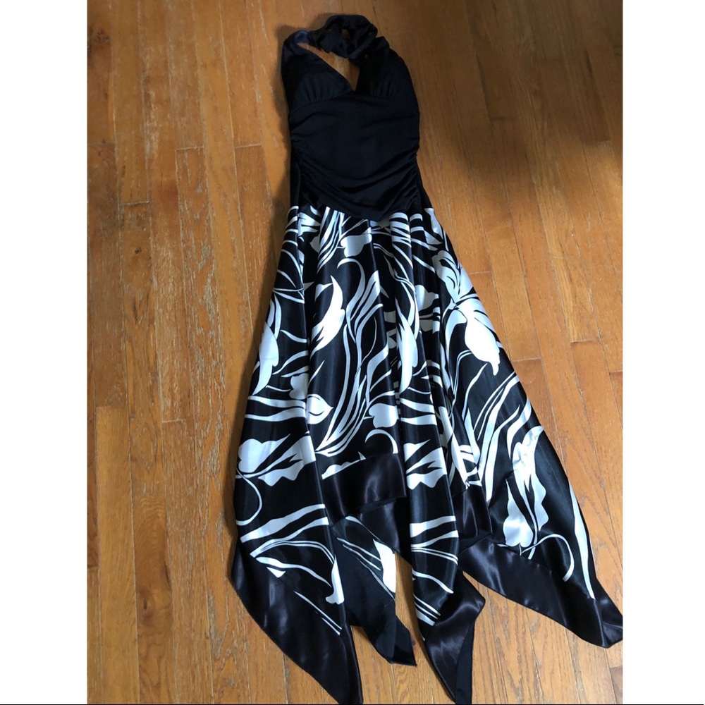 black v neck flowing dress with floral pattern